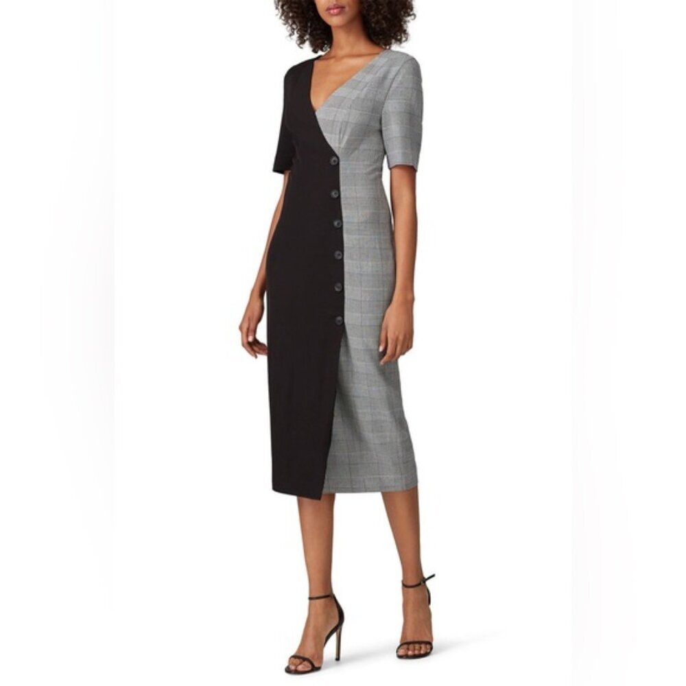 Fame & Partners Everly Button Front Black & Plaid‎ Midi Dress Size 6